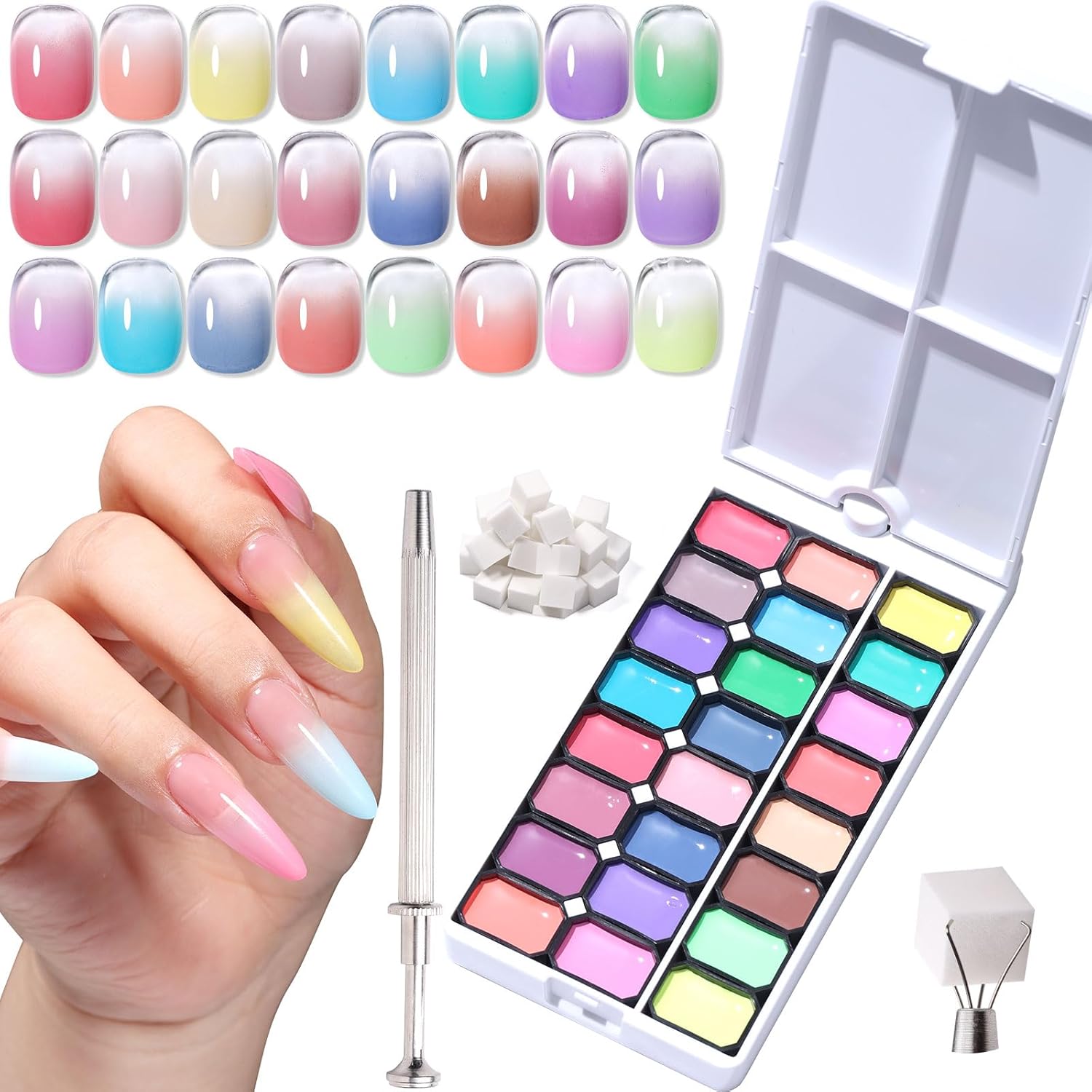 24 Color Patting Nail Gel Polish Kit, Ombre Painting Gel Palette with Sponge Applicators for Blush Blooming Floral Aura French Manicure DIY Nail Art Palette