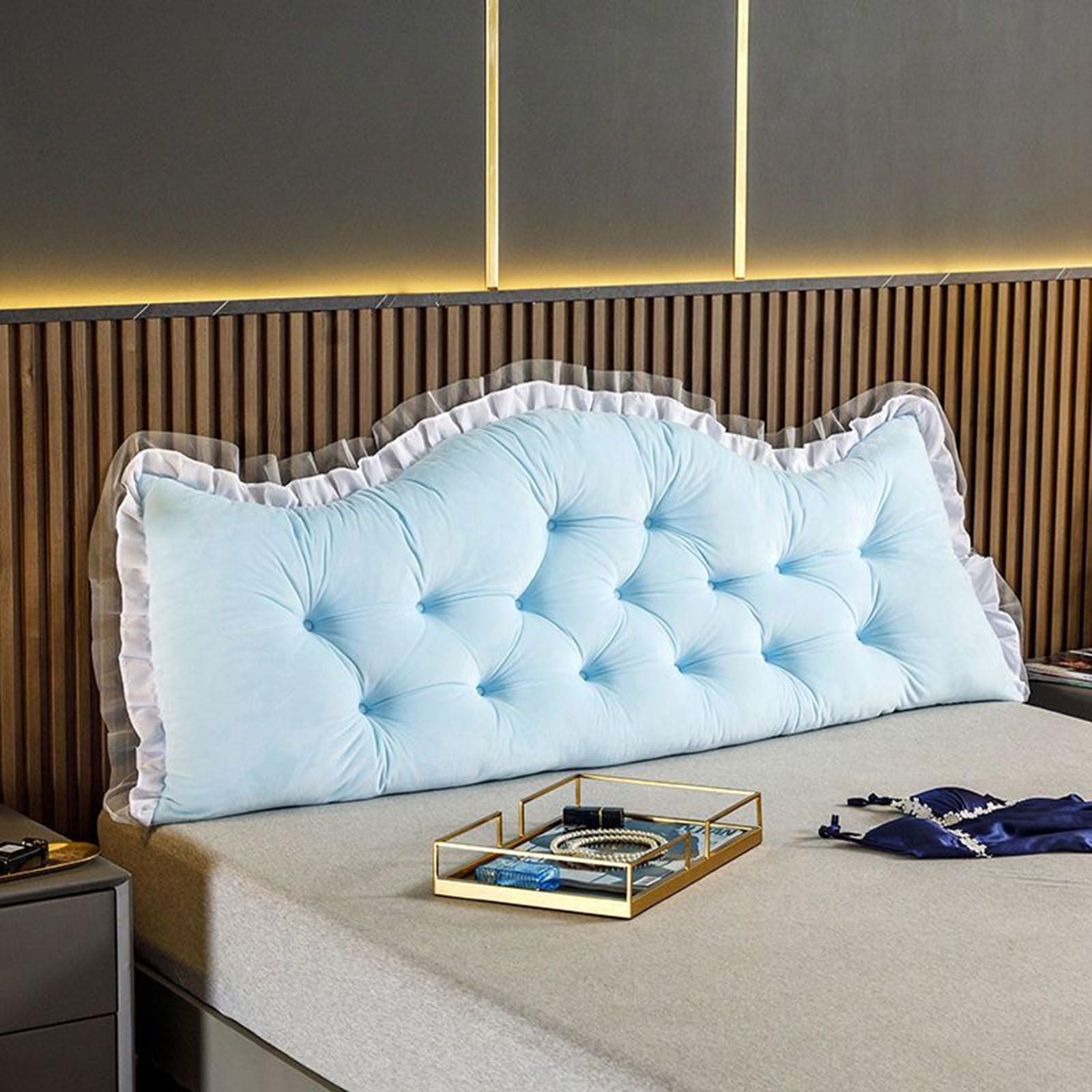 CXLT Back Pillow Double Single Bed Headboard Pillow Soft Crystal Velvet Upholstered Lumbar Support Cushion, Large Backrest Headboard Cushion Waist Bolster Rest Reading Pillows(120x50x15cm,Blue2)