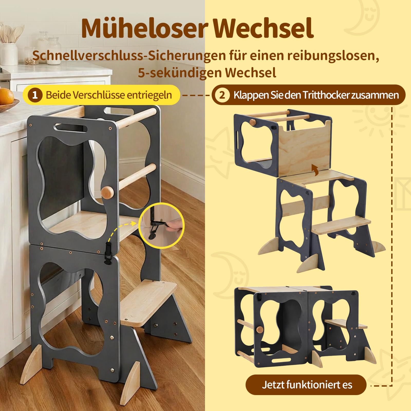COSYLAND Lernturm Kinder 3in1 Küchenhelfer mit Tafel & Geländer Grau | Wandelbar zu Tisch & Stuhl. Stabiler Küchenhelfer für Alltag, Lernen und Spielen. Absolut sicher und langlebig.