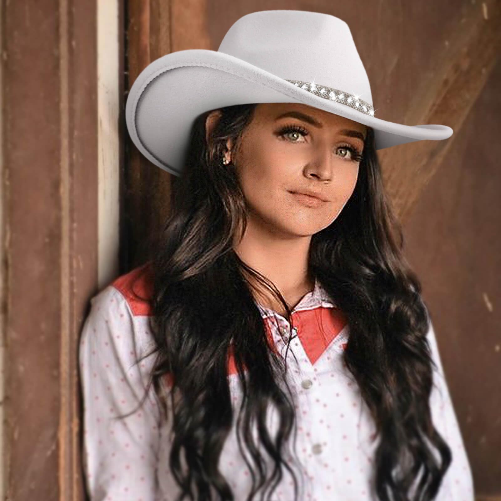 DRESHOW Sombrero de Vaquero para Mujers y Hombres Sombreros de Vaquero Western del Brillo del Borde Ancho con Rhinestone Fedora de Fieltro Unisex Enrollado Caps