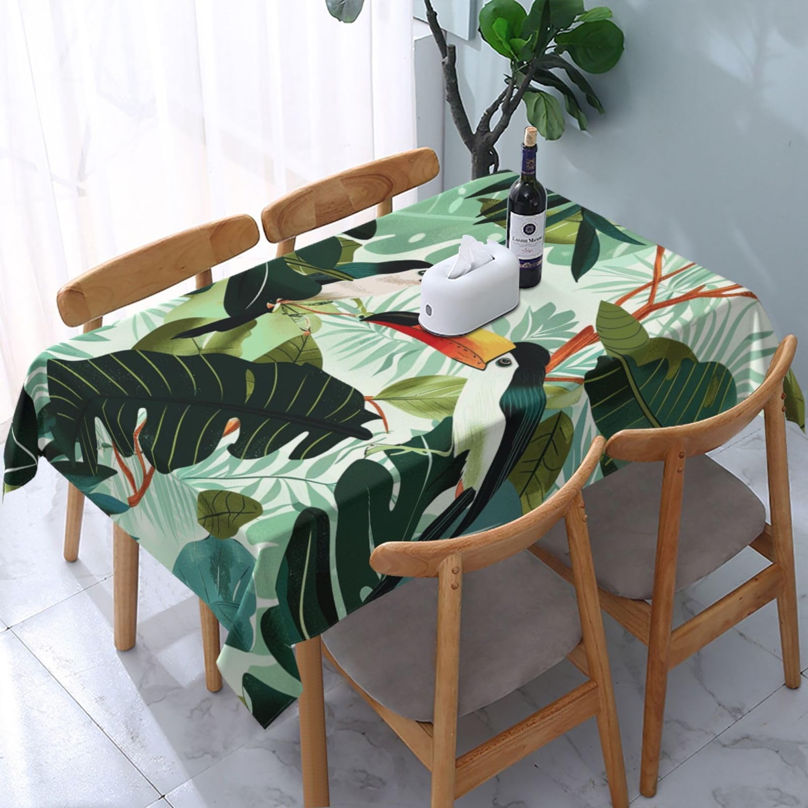 WPKJU Tropical Leaves Bird Printed Tablecloth Water Resistant Table Cover Washable Rectangle Table Cloth for Tables 54x72 in