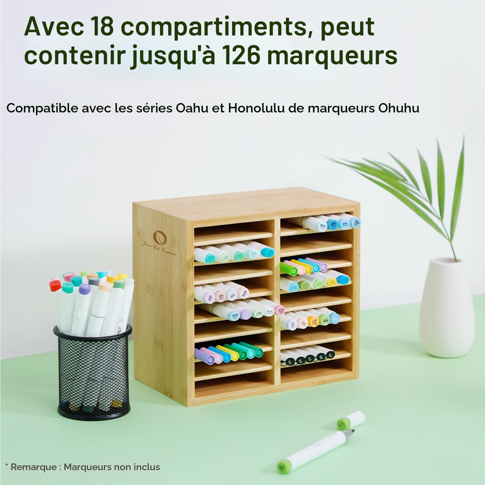 Ohuhu Organiseur de bureau en bambou - Pour 126 marqueurs - Pinceaux artistiques - Avec 18 compartiments - Pour la salle de classe, le bureau