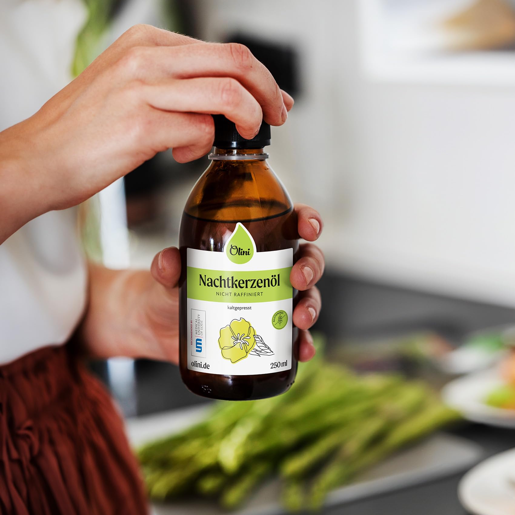 OLINI Nachtkerzenöl 250 ml Direkt aus der Ölmühle, Glasflasche, Kaltgepresst, Unraffiniert, Unbehandelt, Reich an Omega-6, Omega-3, Vitamin E, Gamma-Linolensäure GLA, Veganerfreundlich