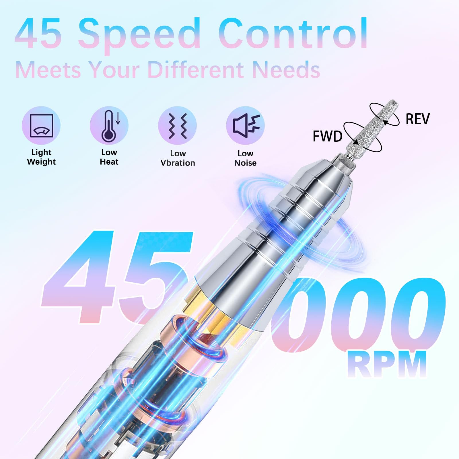 Pulidor de uñas eléctrico inalámbrico con potente motor de 45000 rpm, batería de larga duración para el cuidado de las uñas