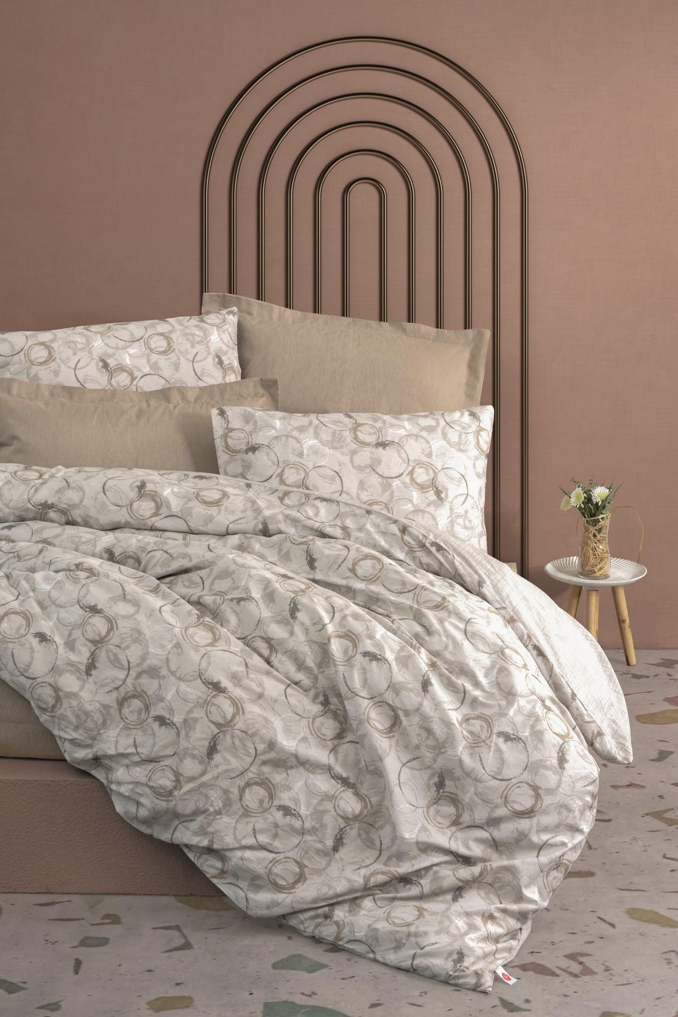Nuit Des Rêves Beige Ranforce Single Quilt Cover Set, 135 x 200 cm Duvet & 80 x 80 cm Pillowcase, 100% Cotton, Pigment Printed, Machine Washable, Elegant Design