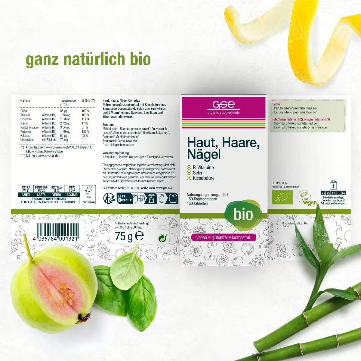 GSE/Haut, Haare, Nägel Complex (Bio) / 150 Tabletten mit Selen und B-Vitaminen/Selen für Zellschutz, B-Vitamine für Energie, vegan & Bio-Qualität