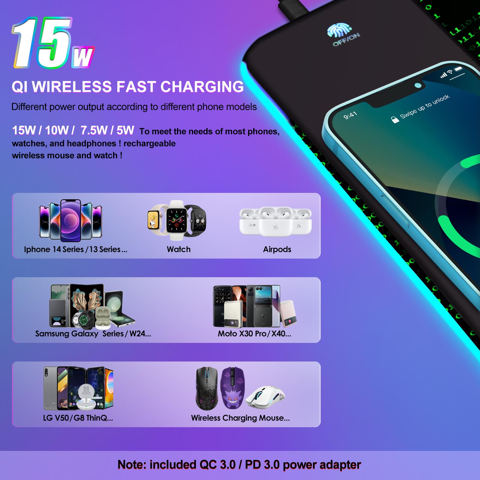 ToLuLu Tappetino per mouse da gioco RGB con ricarica wireless, tappetino per mouse LED da 15 W con caricabatterie da 30 W, 14 modalità di illuminazione, supporto per il polso, base in gomma