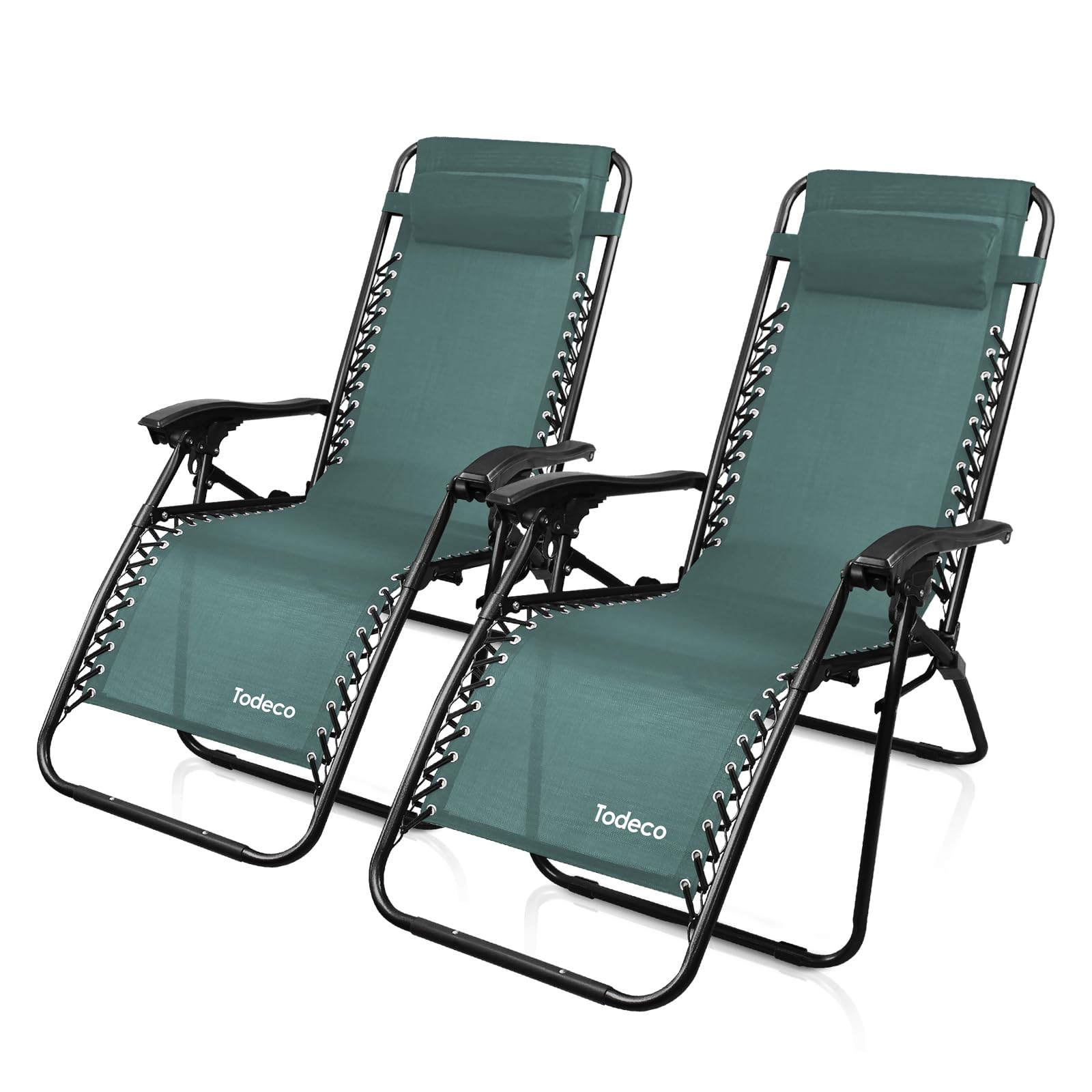 Todeco Chaises Longues Zéro Gravité Lot de 2, Fauteuils Relax de Jardin Pliables en Textilène Respirant avec Repose-Tête, Dossier Inclinable Multiposition, Bain de Soleil Terrasse Balcon Piscine, Vert