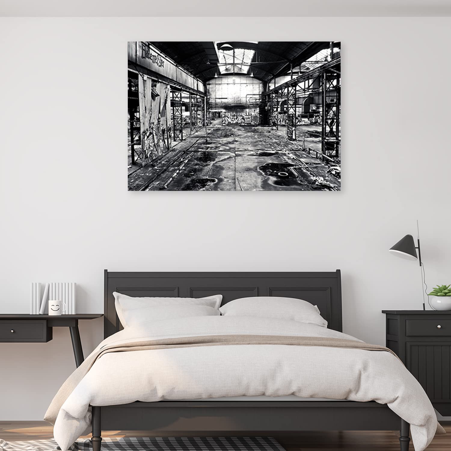 Feeby Quadro Tela Non Tessuta Fabbrica abbandonata Sala Decadimento 120x80 cm d' Arte Moderna Decorazione Murale Estetica Rottami metallici Edificio rovinato Macchine grigio