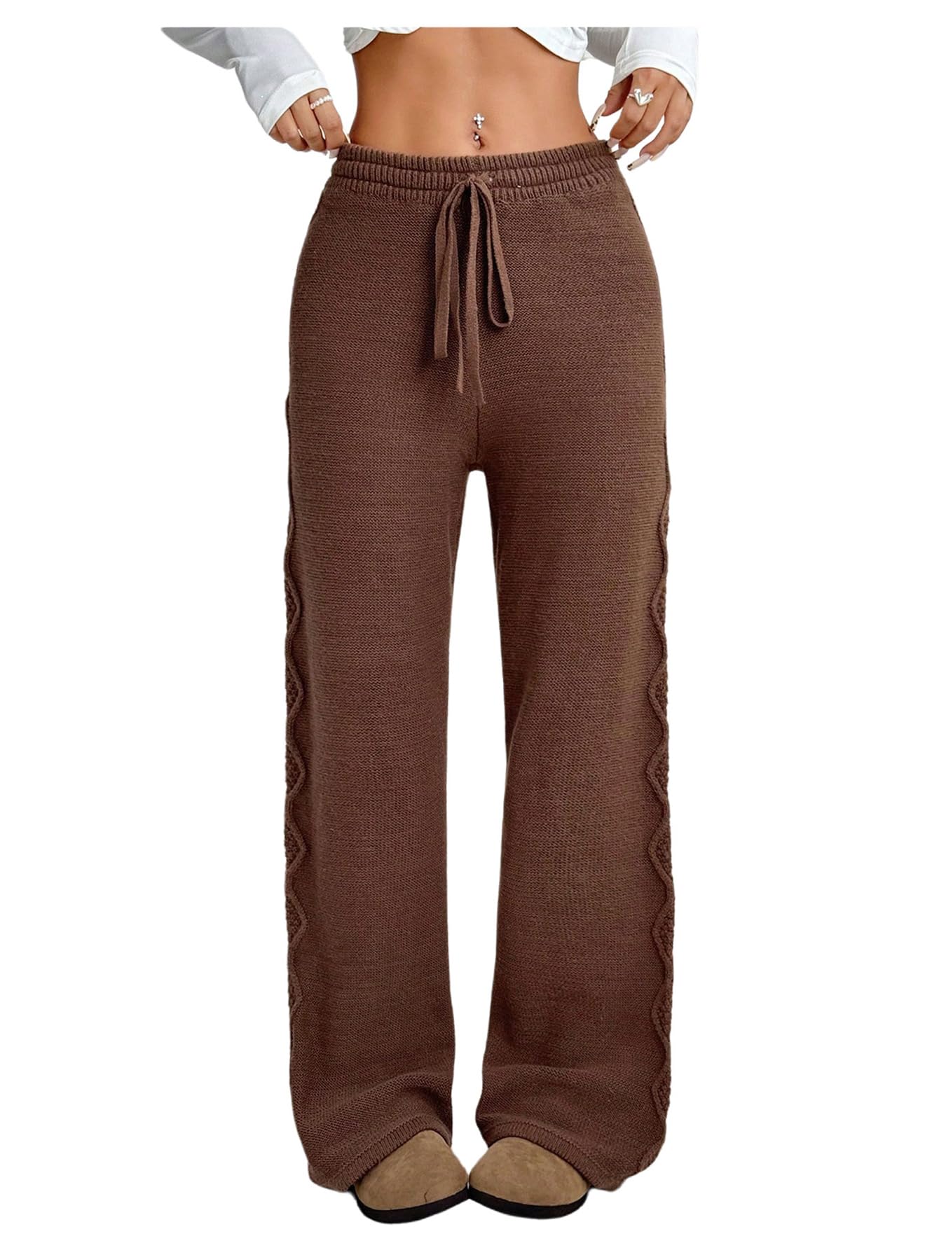MakeMeChic Womens Argyle Wide Leg Sweater Pants Drawstring Knit Lounge Trousers