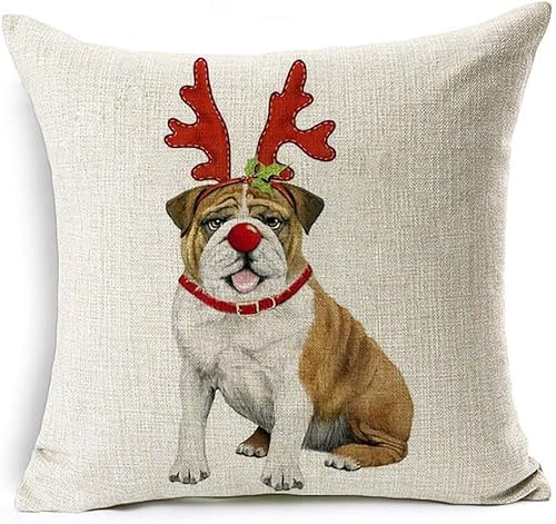 Funda de cojín con diseño de reno de Papá Noel, perro de Navidad, decoración de sofá para el hogar (#14 Taschentucher Christmas Bulldog)