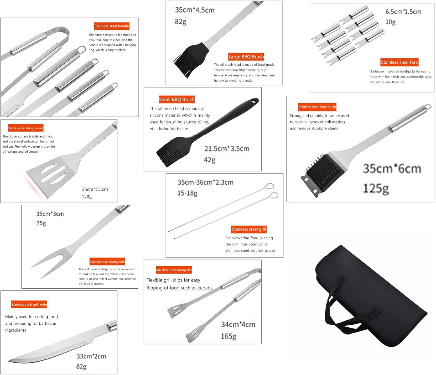 Portable Camp Cooking Utensil Set, Stainless Steel Grilling Kit, Grill Accessories, BBQ Tools Set, Suitable for Travel, Picnics, RVs, Camping, BBQs (16pcs)