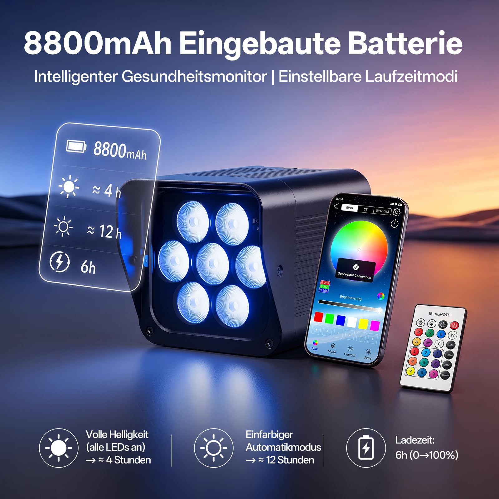 U`King Akumulator LED RGBWA+UV, 140 W IP65 Wodoodporna lampa sceniczna z akumulatorem 8800 mAh, obsługuje D MX Bezprzewodowy 2.4G Pilot na podczerwień Aplikacja na wesele, imprezy plenerowe