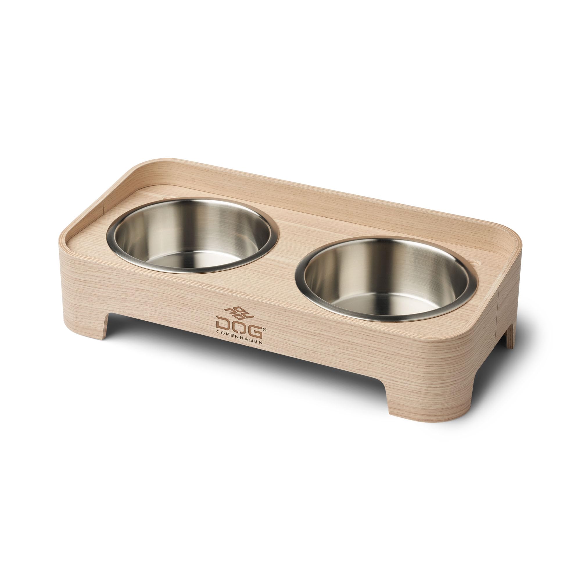 DOG Copenhagen Skagen Food Bar - Raised Dog Food and Water Bowl Set with Stand - Dishwasher Safe - Non Slip - Stainless Steel bowls and wood base, L, Oak