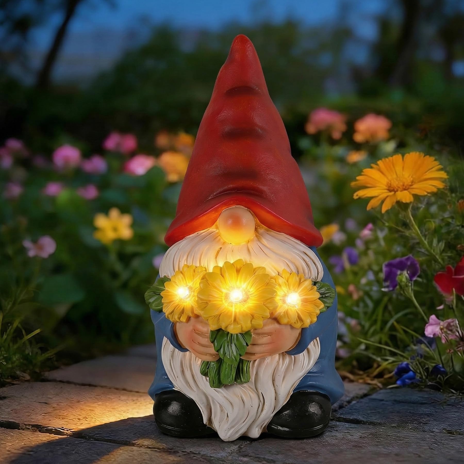 Decoraciones de gnomos para exteriores con luces solares y gnomos de jardín de girasol