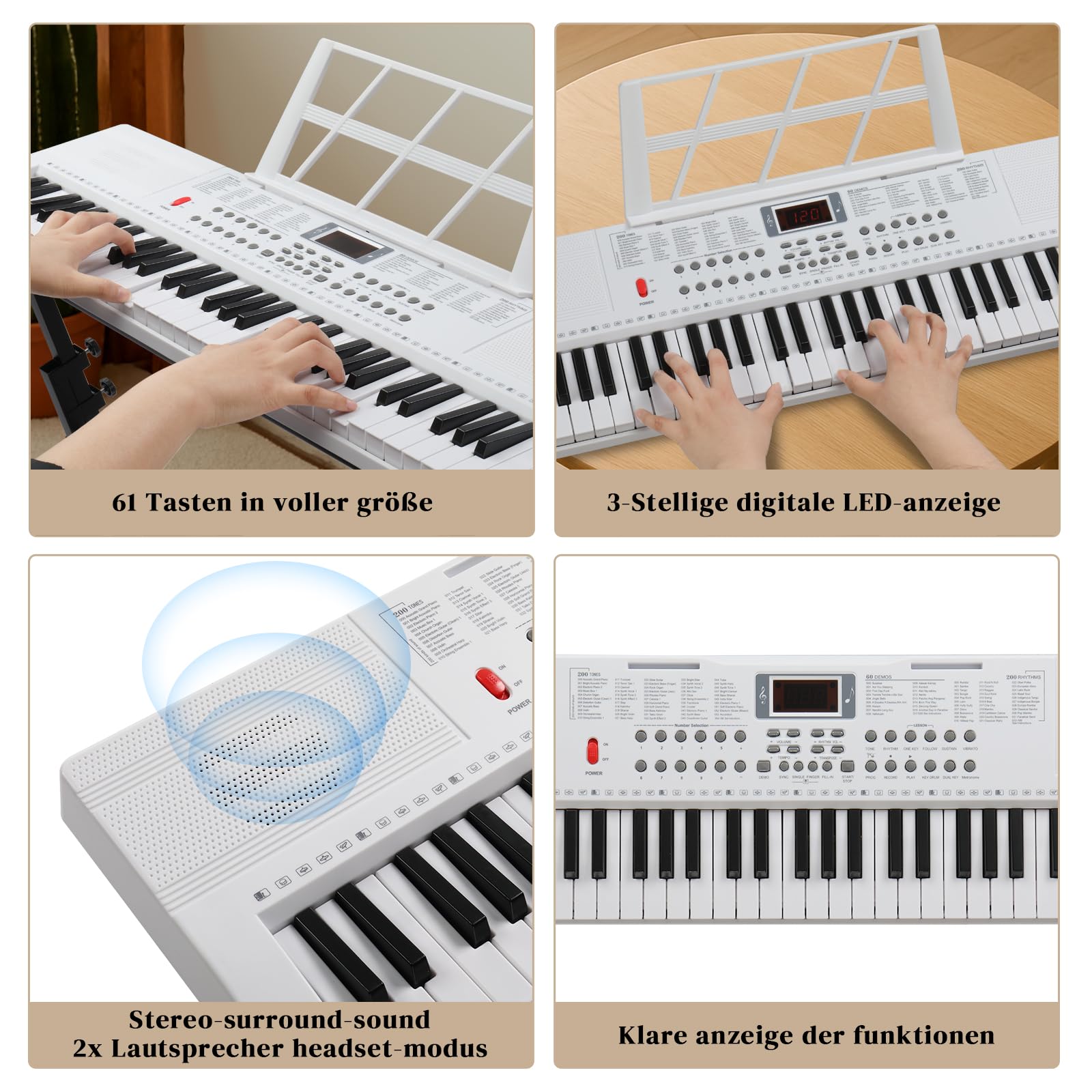 LEADZM Keyboard Pianoforte a 61 tasti, con supporto per tastiera, panca per pianoforte (bianco)