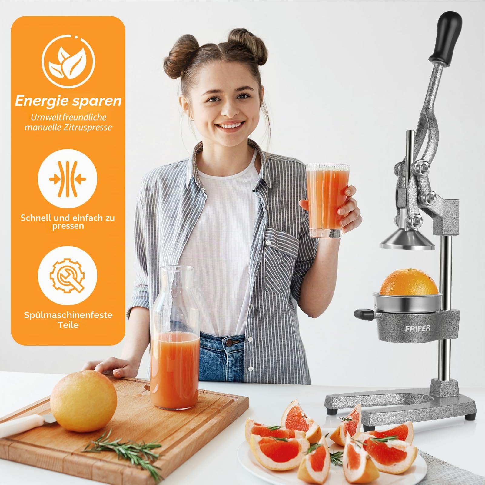 Saftpresse Edelstahl, Obstpresse, Zitruspresse, Orangenpresse Manuell | Entsafter Metall, Fruchtpresse - Handpresse Cast Iron Juicer für Orangen, Zitronen, Granatäpfel, Grapefruits (Hellgrau)