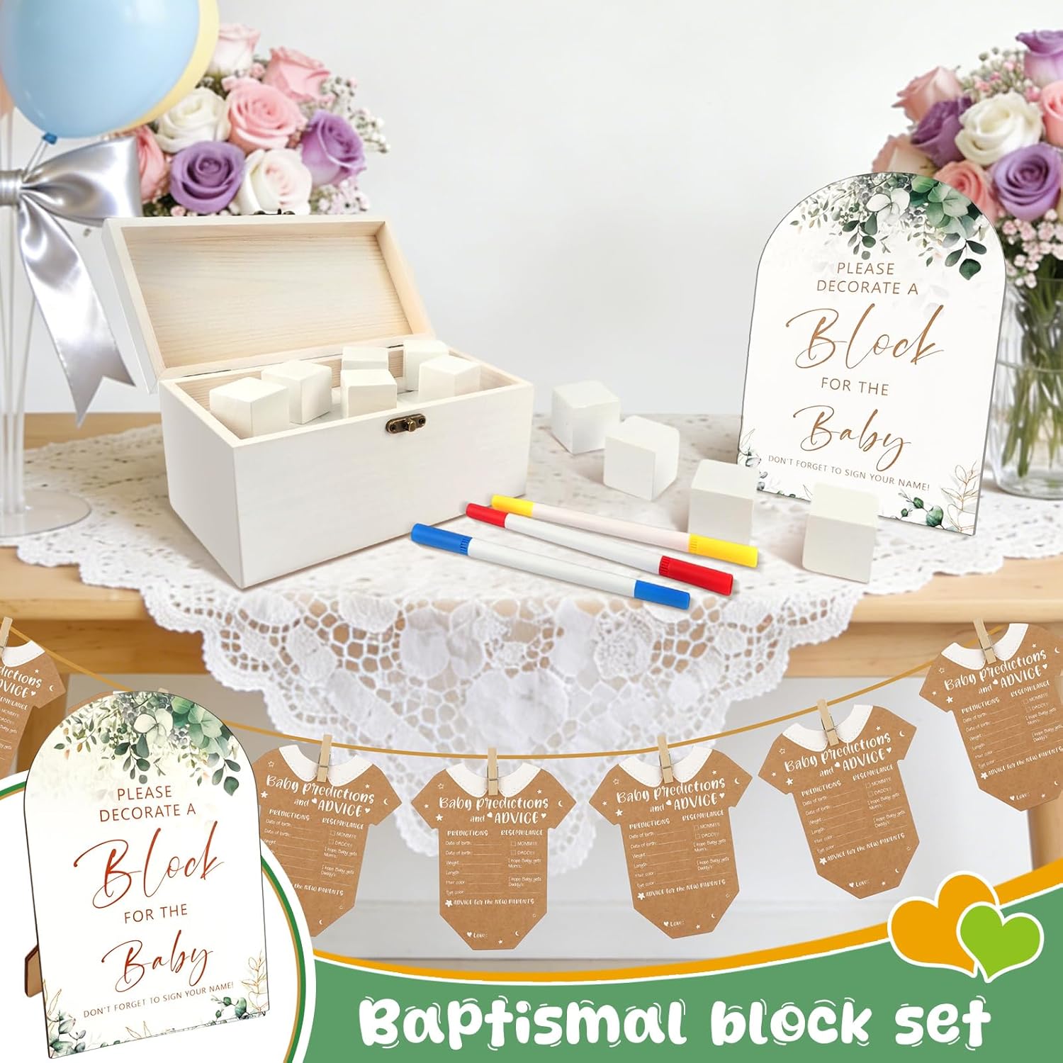 Fayoo 134 Pcs Wood Blocks to Decorate, Wood Games Kit with Wooden Blocks Prediction and Advice Card Clothes Pins Storage Box Game Sign Markers(White)
