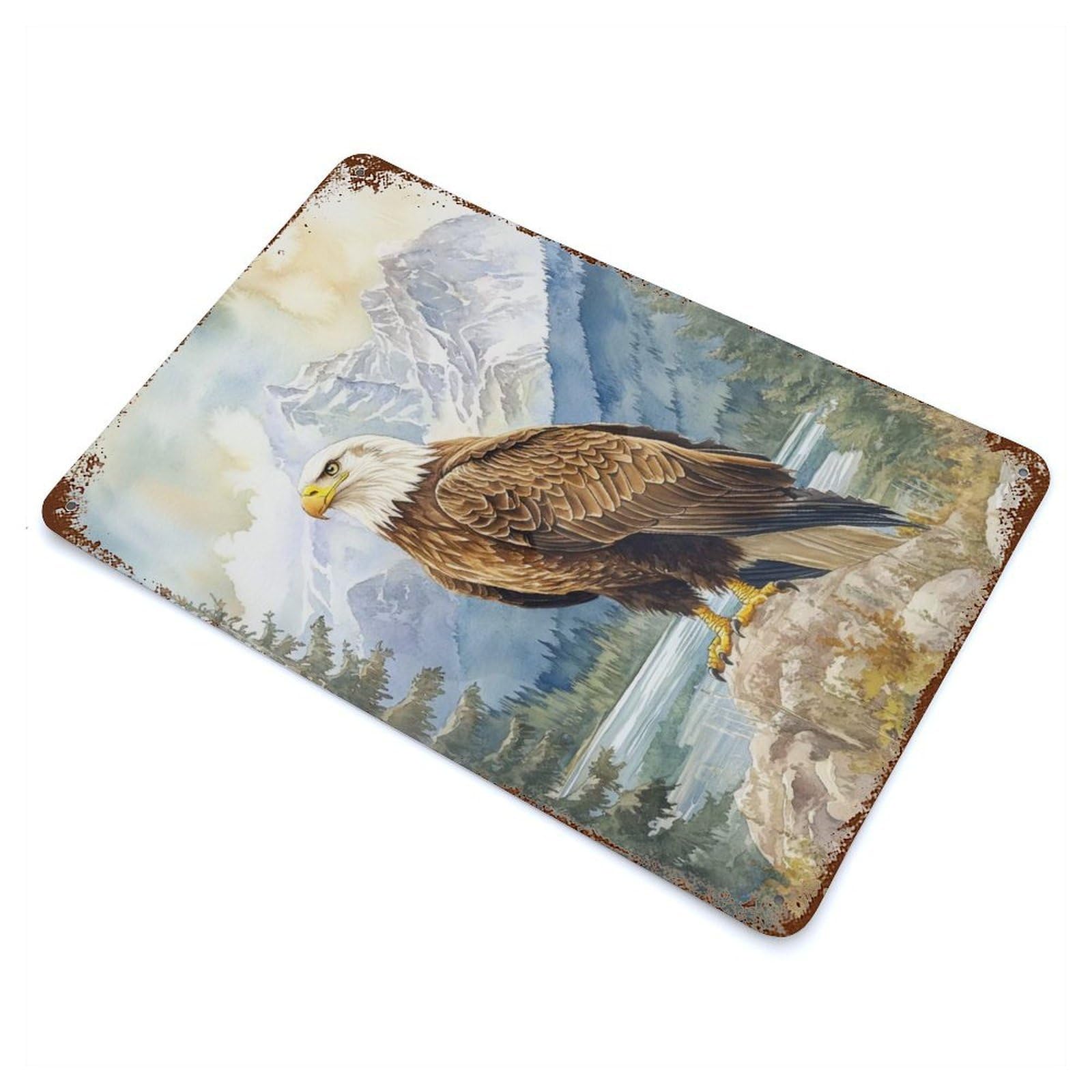 Rust Effect Bald Eagle Mountain View Rusty Metal Tin Sign 11.8"x7.9", Old School Wall Decor for Basement, Hobby Room And Garage Decor