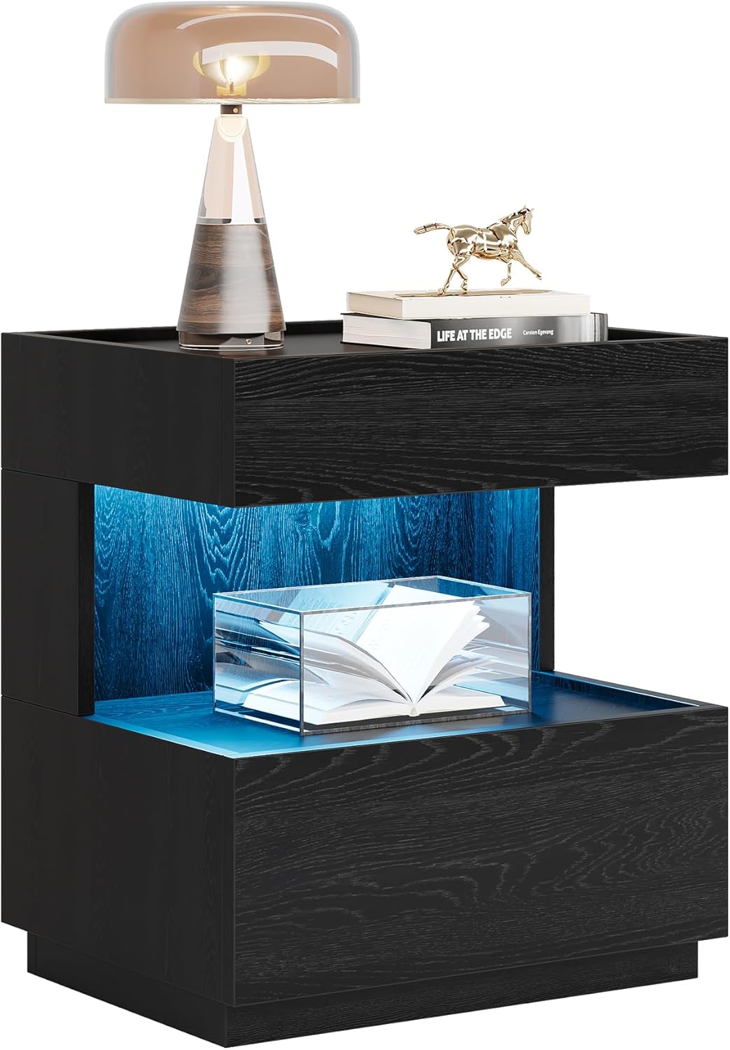 Tribesigns Black Nightstand, LED Night Stand with 2 Drawers, Wooden Bedside End Table for Bedroom, Living Room (1)