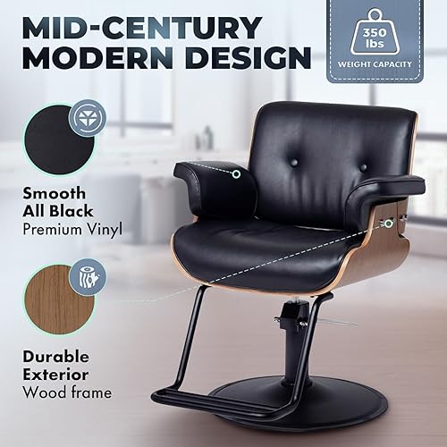 Miniatura 3 de Buy-Rite Keaton - Silla profesional de peluquería, vinilo negro, marco de madera duradera, diseño copetudo, bomba hidráulica, respaldo inclinado,