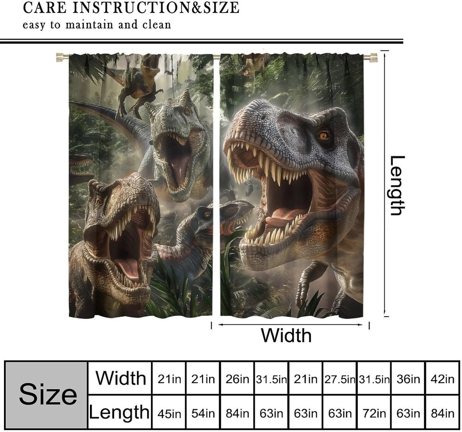 Tyrannosaurus Curtains for Boys,Prehistoric Primeval Forest Jurassic Ancient Dinosaurs Window Drapes Print for Kids Teenager Bedroom Living Room 42x45in (No Blackout)
