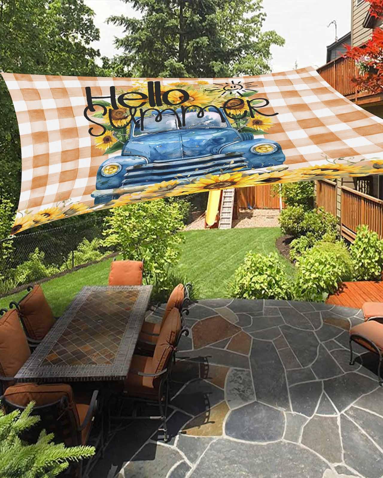 Boanket Sun Shade Sail 12' x 16', Sunflower Sun Blocking Shades Privacy Outdoor Covering, Watercolor Summer Floral Truck Orange Plaid Shade Cloth for Patio Deck Terrace Garden Lawns Beach Backyard