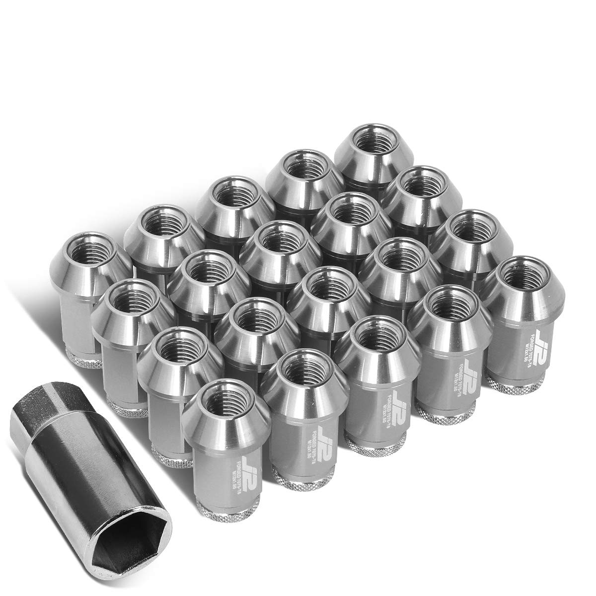 J2 Engineering 7075 Aluminum Silver M12 x 1.5 20Pcs L: 40mm Open End Lug Nut w/Socket Adapter