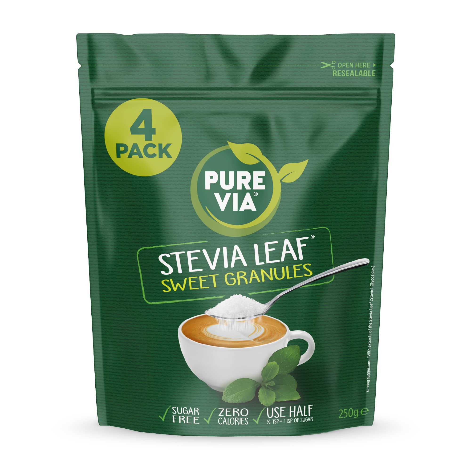 Buy Pure Via Stevia Leaf Sweet Granules 250g X 4 (1Kg Pack) Online at