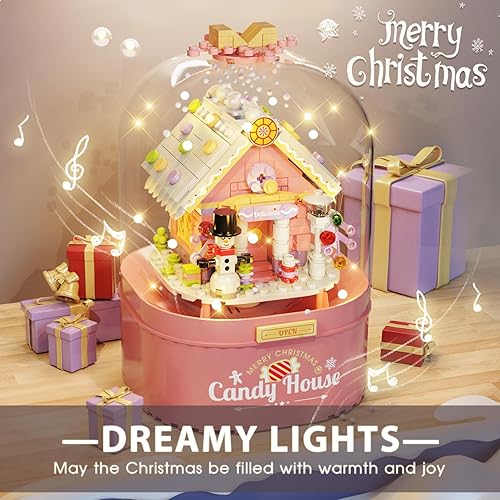 Miniatura 10 de Juego de bloques de construcción de árbol de Navidad, caja de música para regalos para niños, árbol de Navidad rosa con luz y nevadas automáticas,