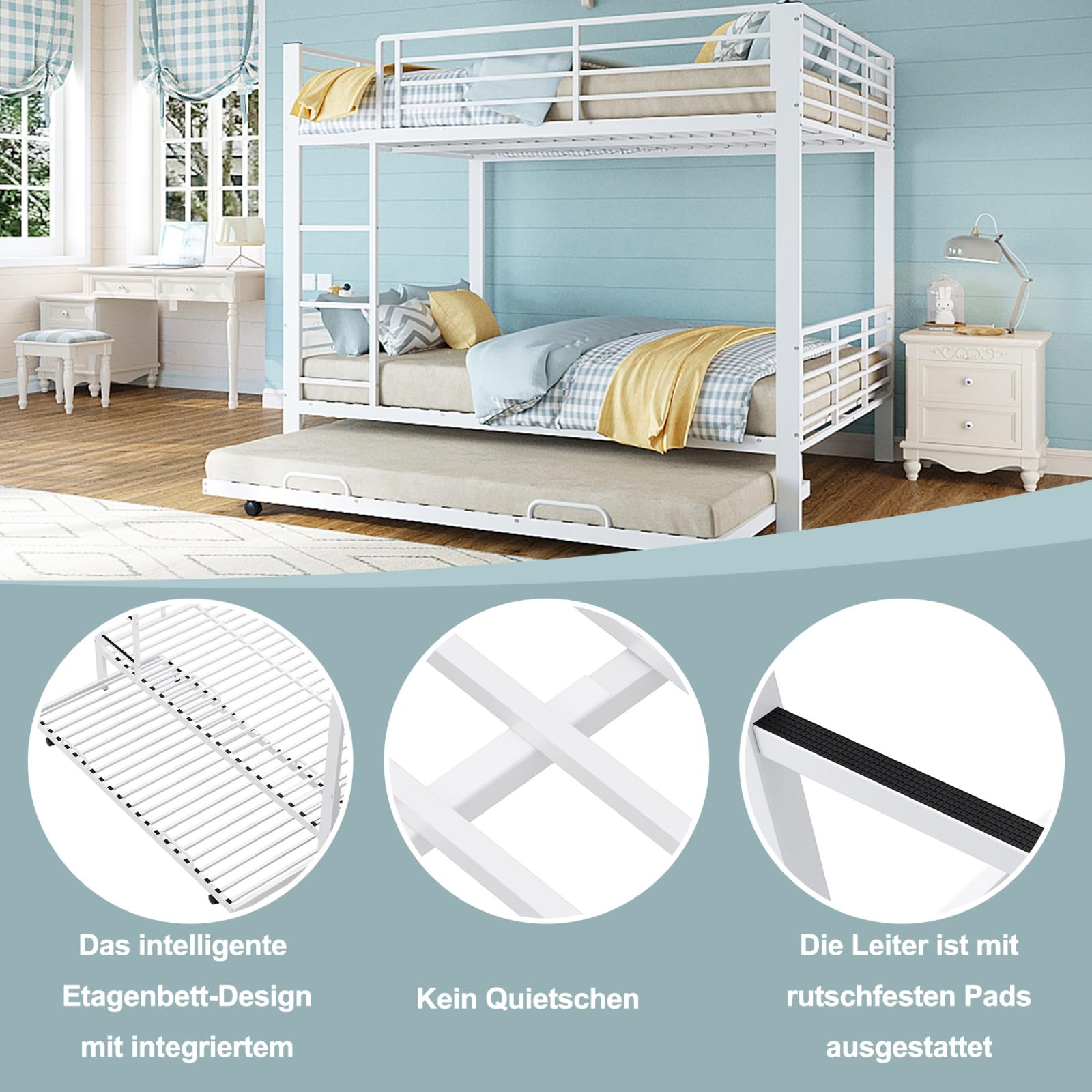 VICYROM Cama Litera 140x200cm Metálica con Cama Nido Extraíble 90x190cm