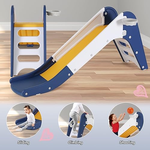 Miniatura 9 de MAMIZO Juego de tobogán 3 en 1 para niños pequeños, juego de escalador de tobogán extra largo con aro de baloncesto y pelota, peldaños