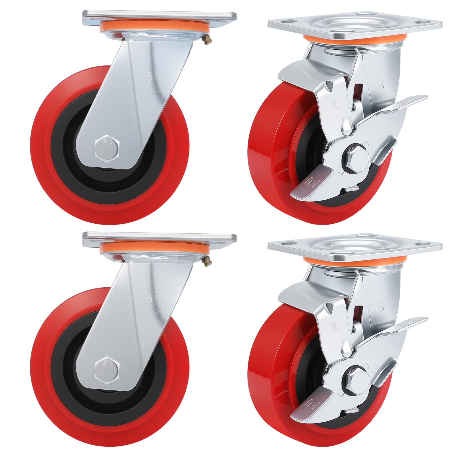 Nfbcxutkw 2Side Brake & 2 Swivel 5 Inch Caster Wheels,Heavy Duty Caster Set Of 4,Polyurethane Surface Tpe Casters,Load 4000Lbs Swivel Brake Plate Casters,For Trolleys、Shopping Cart、Industrial Equipment(2Side Brake & 2 Swivel)