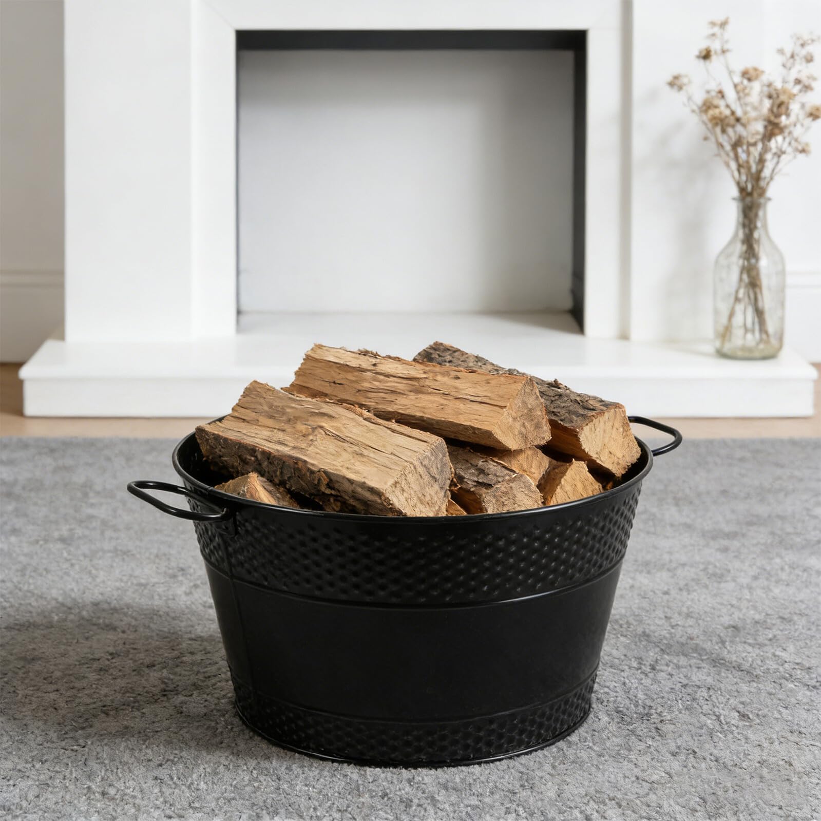 Sosoport Cubo de Almacenamiento de Carbón de Hierro Negro con Asas Dobles, Leñero Metálico para Chimenea Interior, Contenedor para Cenizas y Leña, 33 X 33 X 19 Cm, Soporte Práctico