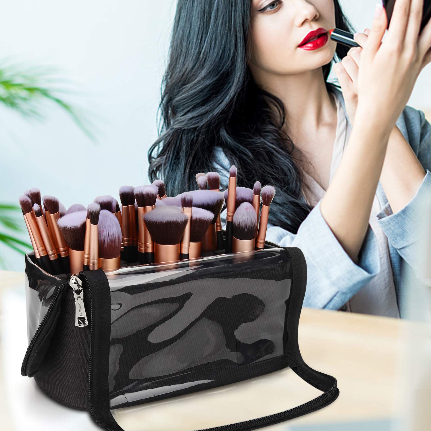 Trousse per pennelli da trucco, organizer multifunzionale per pennelli cosmetici con tracolla, organizer impermeabile per articoli da toeletta per donne e ragazze (nero, grande)
