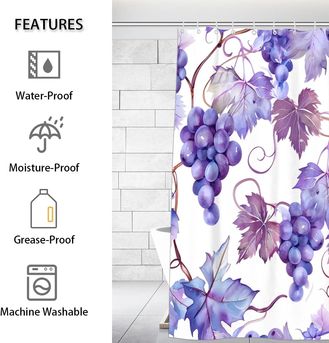 Grapes Leaves Shower Curtain Sets Washable Polyester Fabric Shower Curtain Bath Accessories Shower Curtains with 12 Hooks, 66" W x 72" L