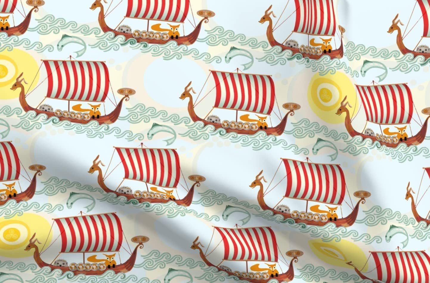 Spoonflower Fabric - Viking Woodland Nordic Red Stripe Sail Fox Owl Hare Ship Sea Wave Printed on Upholstery Velvet Fabric Fat Quarter - Upholstery Home Decor Bottomweight Apparel