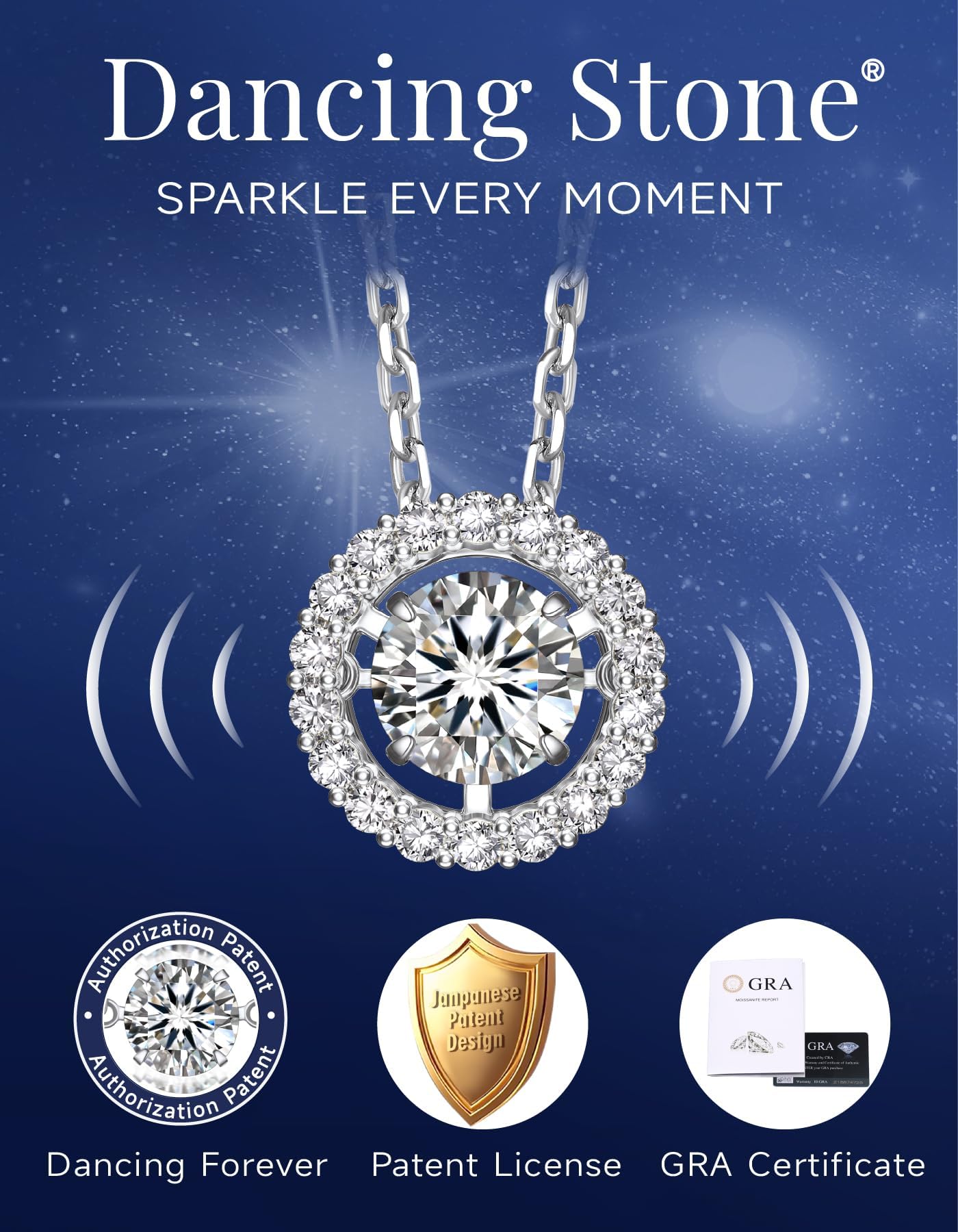 MomentWish Collana Donna Argento 925, Pietra Moissanite 0.5/1 Carato, Ciondolo Halo Danzante, Gioiello Regalo San Valentino per Donna