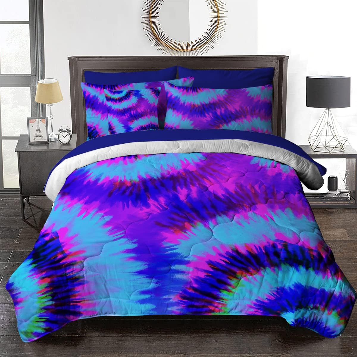 BlessLiving Artsy Girly Comforter Set, 8 Pieces Tie Dye Bed in a Bag, Purple Pink Blue Bedding Sets, Colorful Boho Comforter Set Full Size (Comforter, Sheets, Pillowcases, Shams & Cushion Cover)