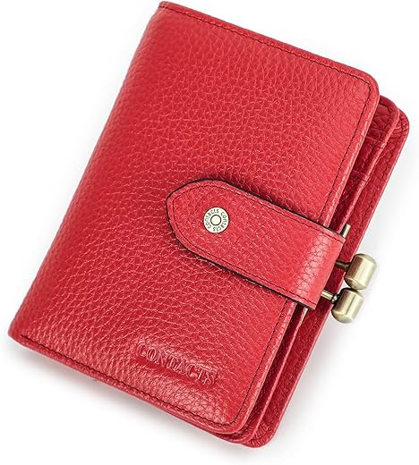 Sam's Design Womens Wallet Kiss Lock Purse RFID 11 Card Slots Ladies Bifold Leather Clutch with ID Window (Red)