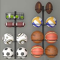 Feyejade 8-Tier Wall Mounted Basketball Rack - Holds 14 Balls, DIY 1-4 Section, Height Adjustable Vertical/Horizontal Holder for Garage Gym