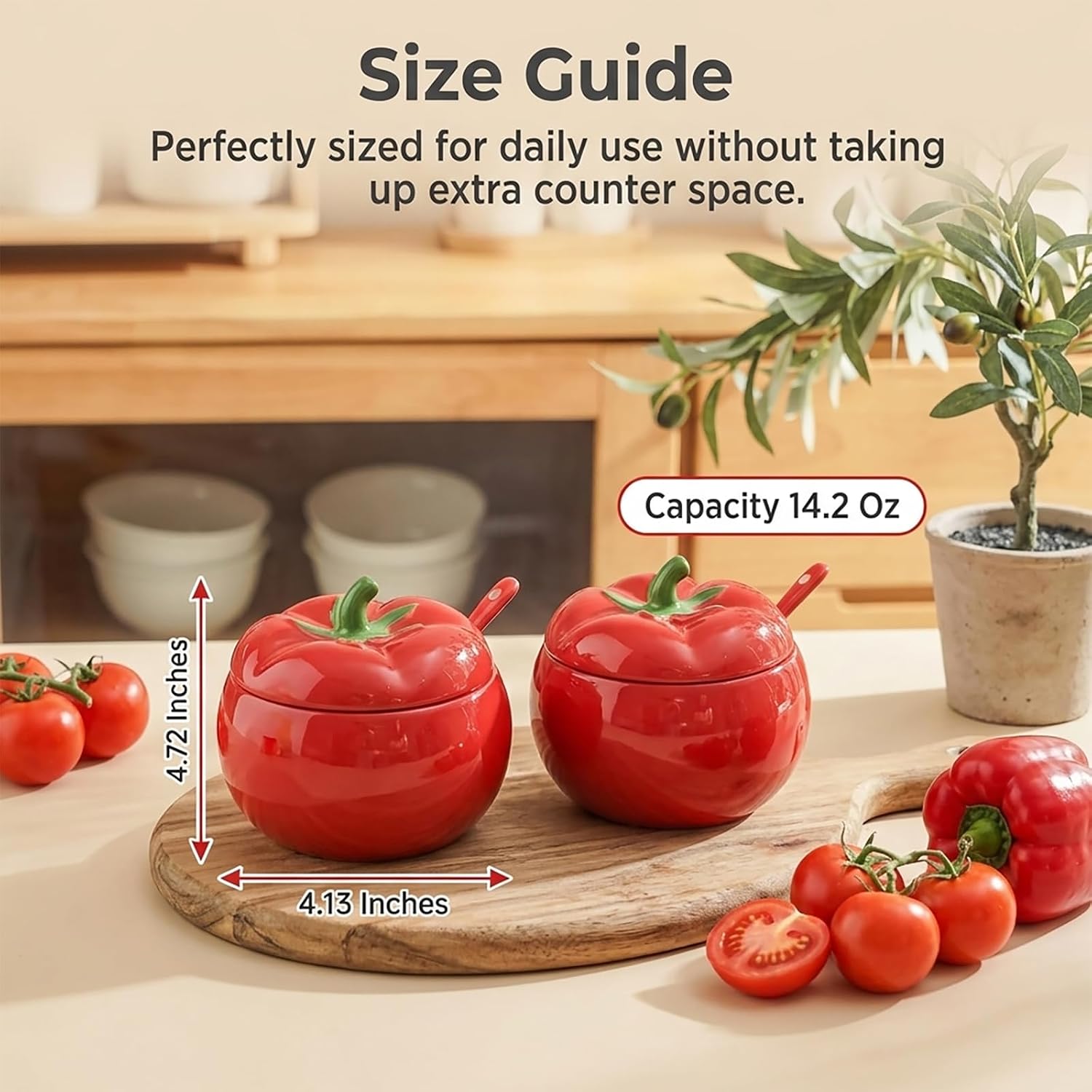 Caliamary Ceramic Tomato Salt Cellar with Lid and Spoon - 14.2 Oz Red Salt Bowl for Kitchen Countertop, Cute Spice Container & Condiment Jar for Sugar, Salt, Spice (Tomato)