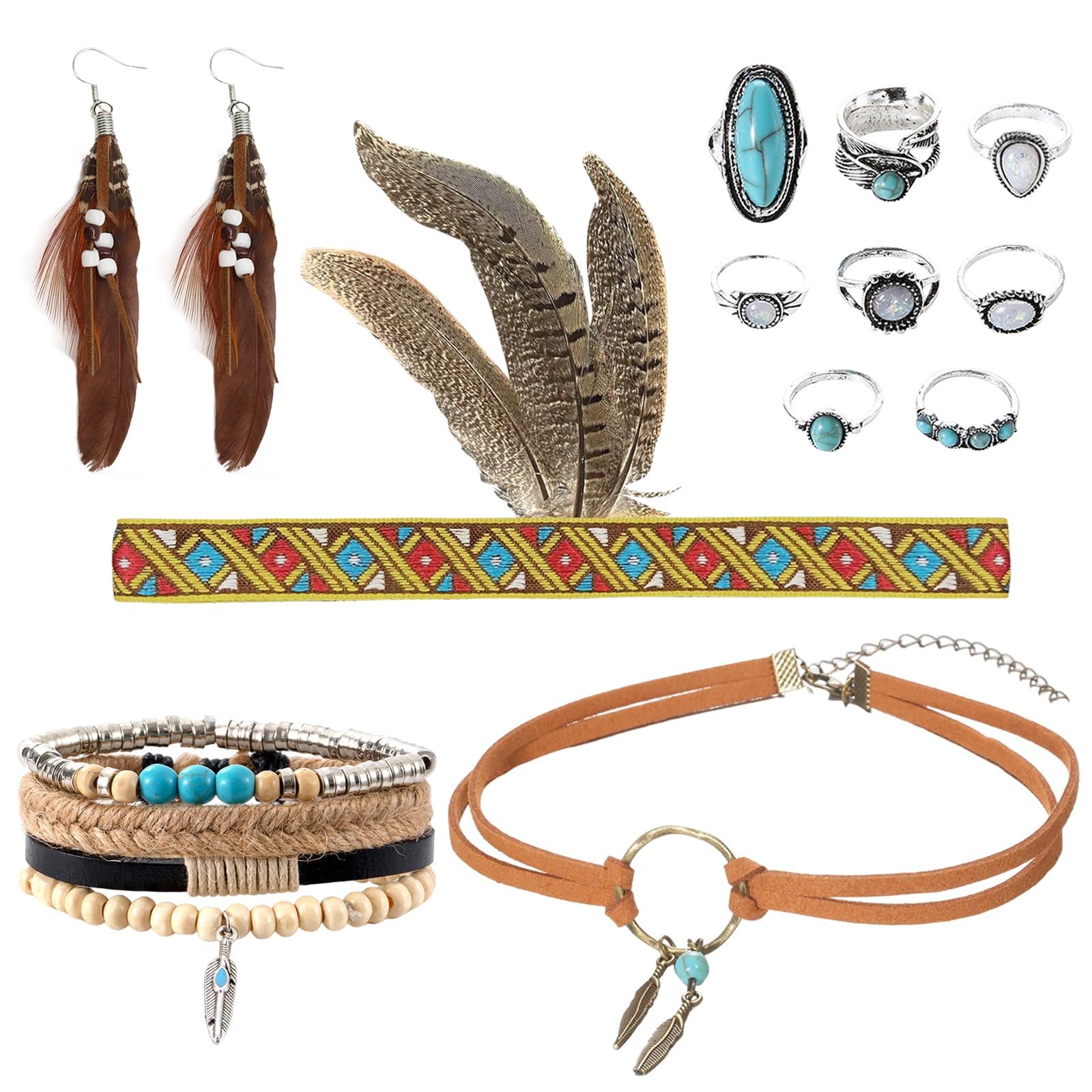 Booaee Disfraz de indio vintage boho para mujer, 12 unidades, accesorios indios, tocado indio, pluma, diadema, pendientes, collar de piel, pulsera turquesa, anillos para carnaval y más