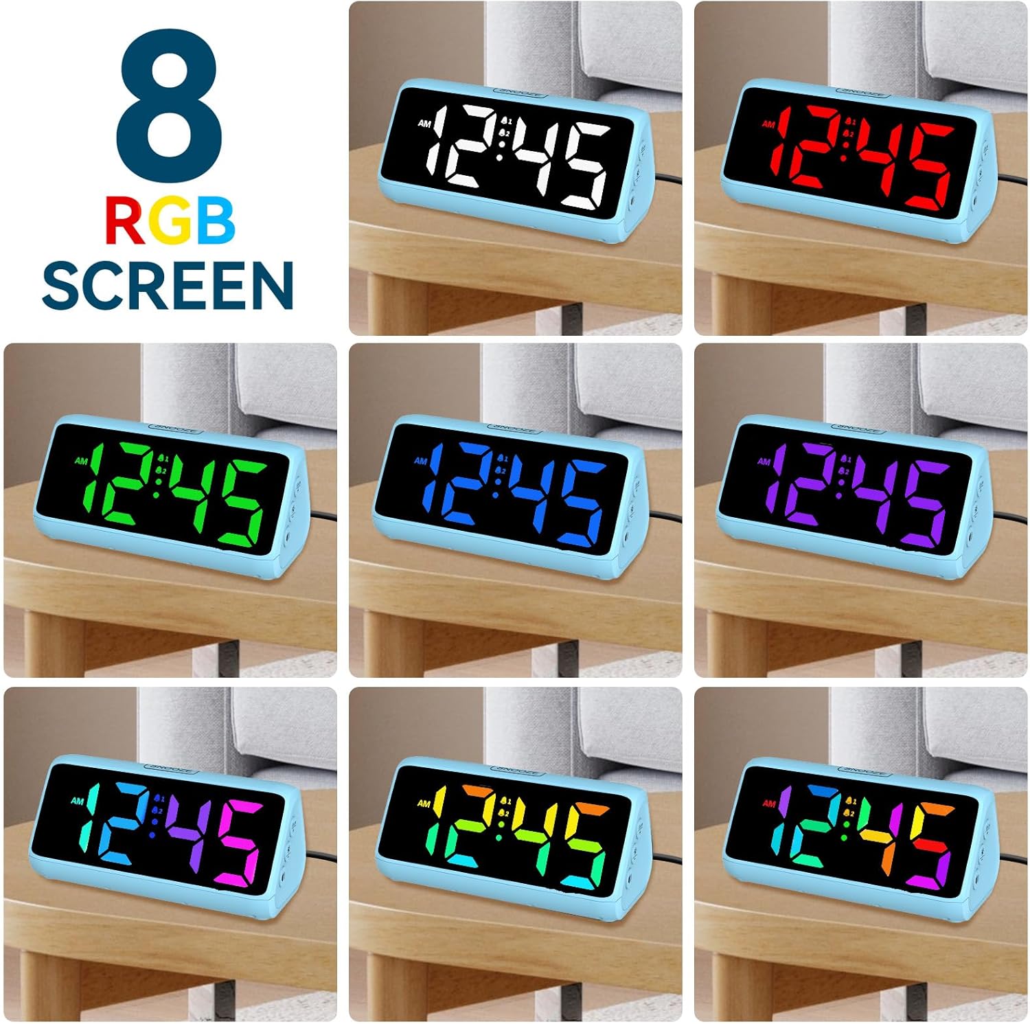 Grid of 8 alarm clocks showing different RGB display colors.