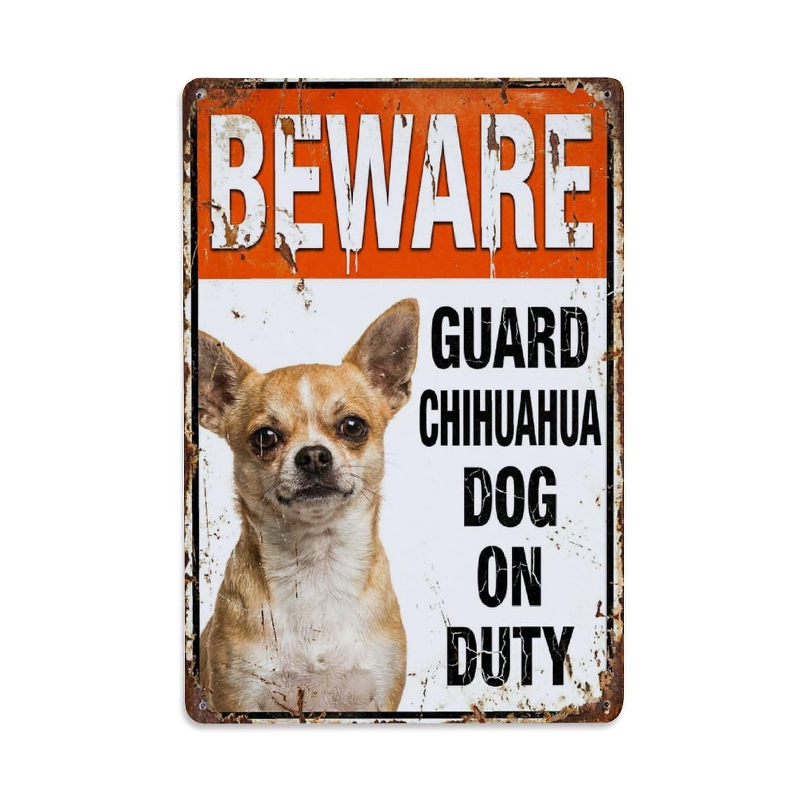 Vintage Funny Chihuahua Guard Beware of Dog Gate Metal Tin Sign Plaque Wall Decor for Cafe, Club Bar, Office, Garden Metal Poster 8x12Inch