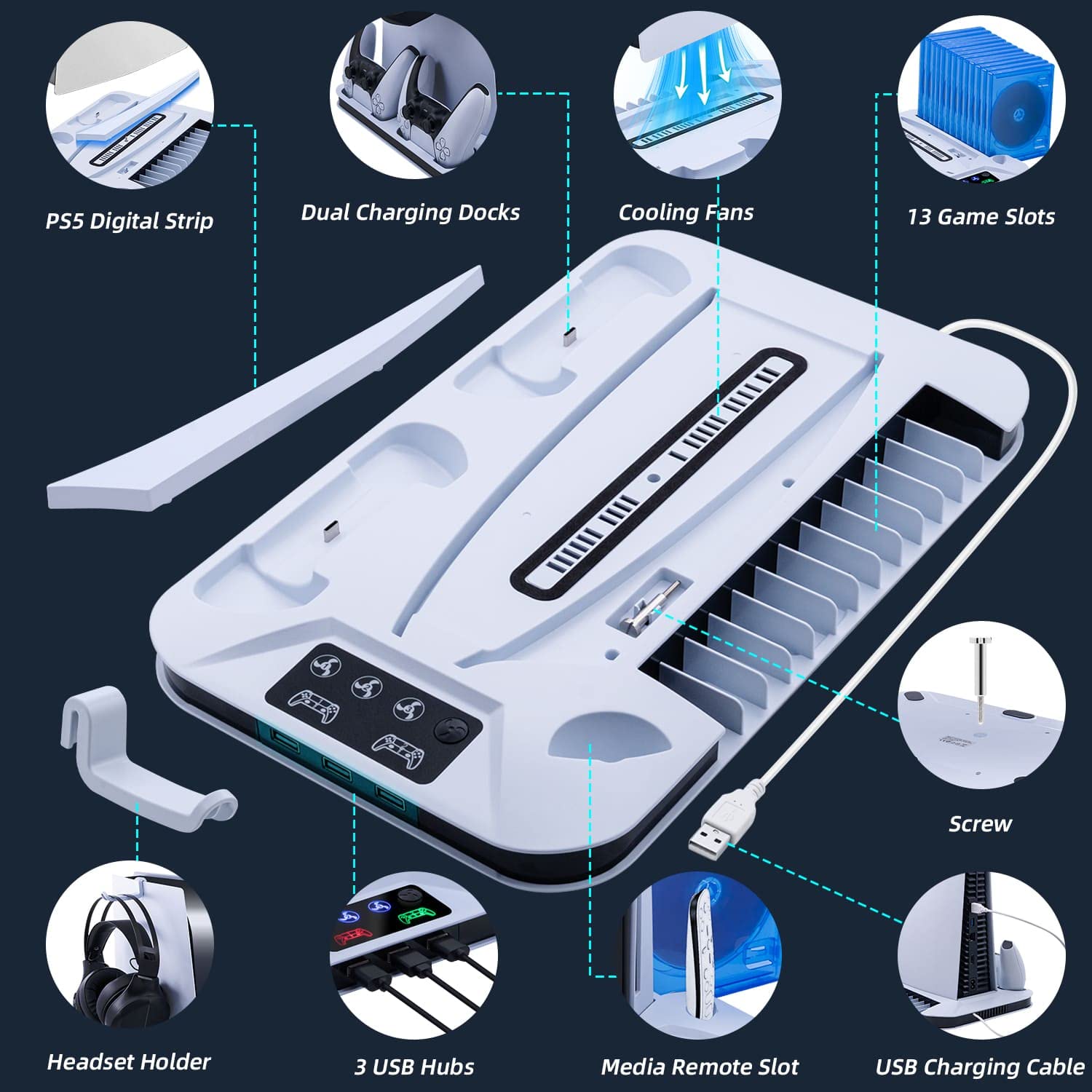 Wigearss Supporto Verticale di Raffreddamento PS5 con 3 Livelli di Velocità Regolabile del Ventilatore, Doppio Controller di Caricatore per PS5 UHD/Digital Edition, Non per PS5 Slim/PS5 Pro