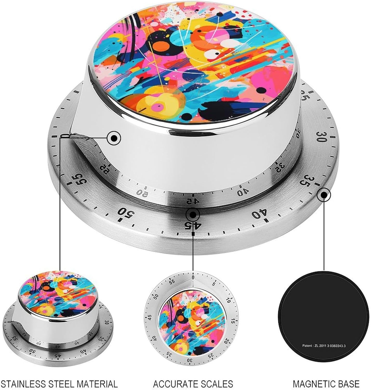 Pop Art Style Stainless Steel Timer, Kitchen Timer with Magnetic Base, Countdown Timers for Gym, Office, Cooking, Baking, Jogging