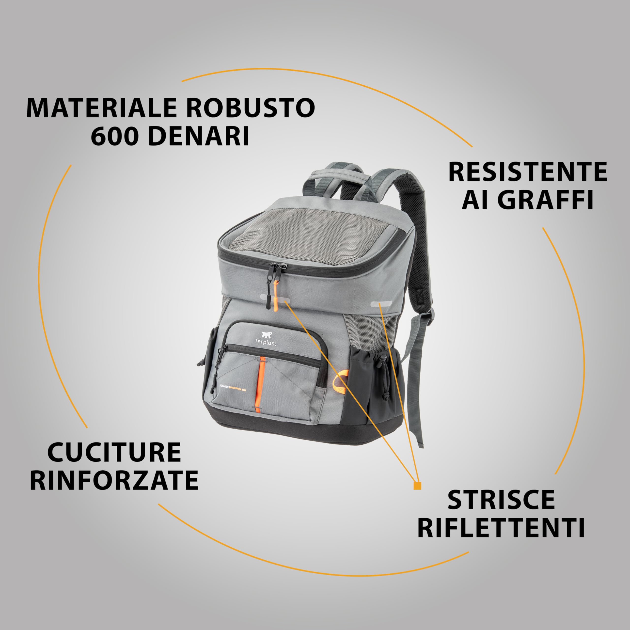 Ferplast Zaino per Cani VOYAGER BACKPACK, Trasportino Gatto, Trasportino Cani, Ampia Apertura, Cinghie Regolabili, Cinghia di Sicurezza, con Cuscino, Max 10 kg, 33x23x41H, Grigio