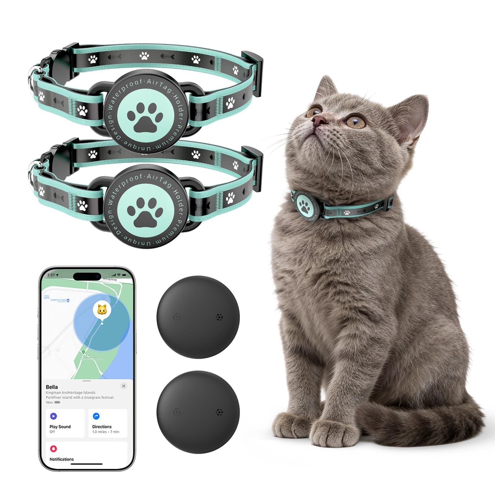 JIARUI Cat Tracker Collar (iOS & Android) - Mini GPS Dog Cat Tracker No Monthly Fee - Reflective Waterproof GPS Cat Collar Tracking Device (2 Pack)