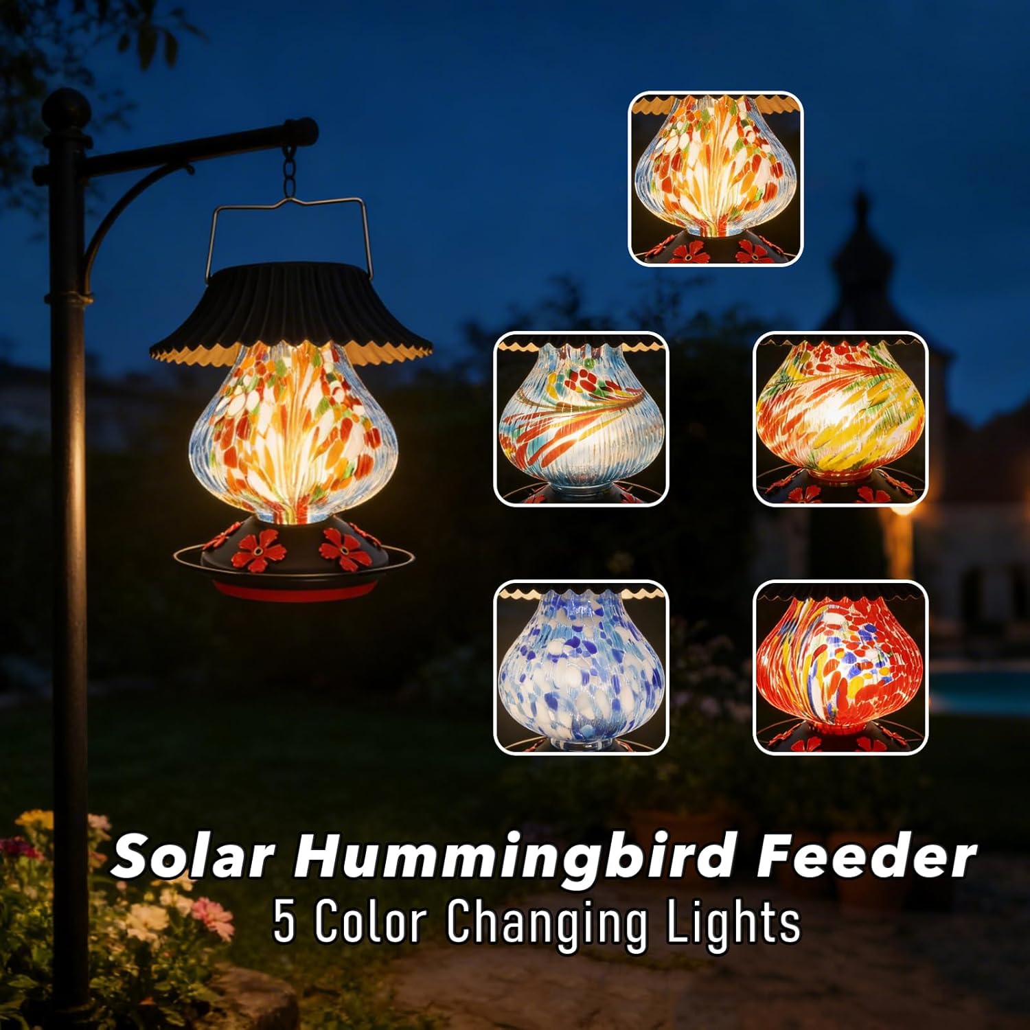 Solar Hummingbird Feeder-5 Feeding Ports with Perch, Hand Blown Glass Blue White Color Changing - Never Leak, Multicolor Night Lights – Perfect Hummingbird Feeder for Outdoors for Nature Enthusiasts